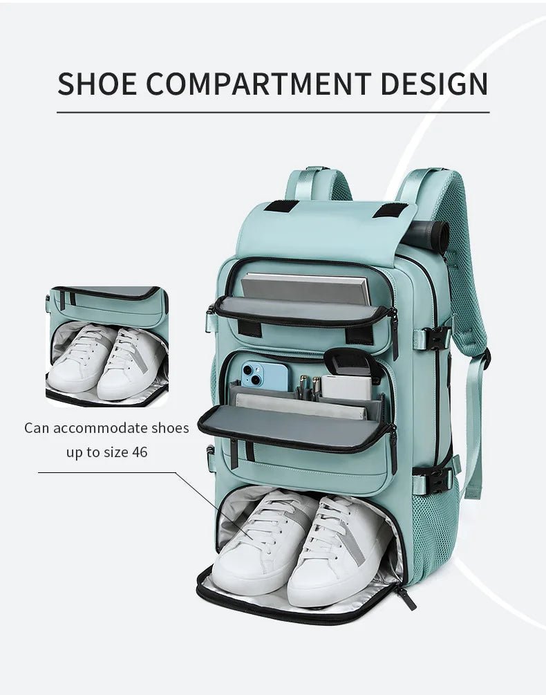 Waterproof Travel Backpack with USB Charging Port and Shoe Compartment